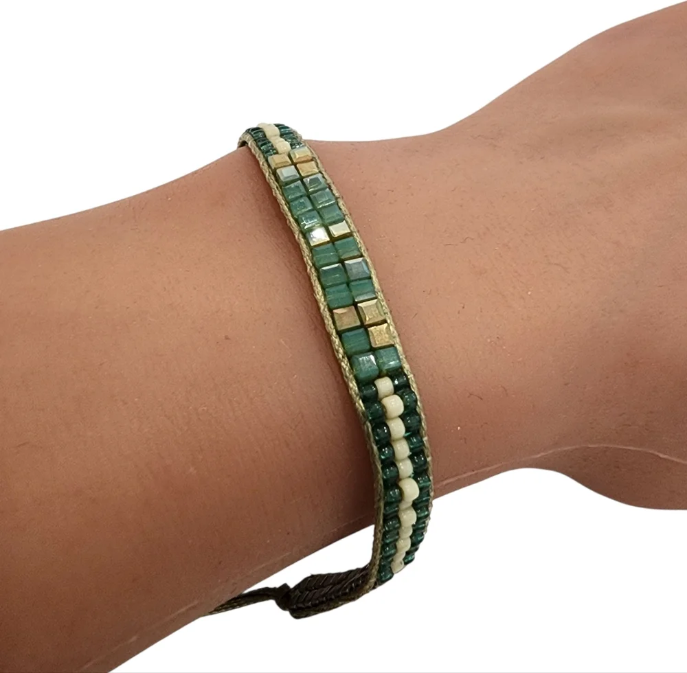 Boho dainty bracelet petite seed beads adjustable length green golden lime gold